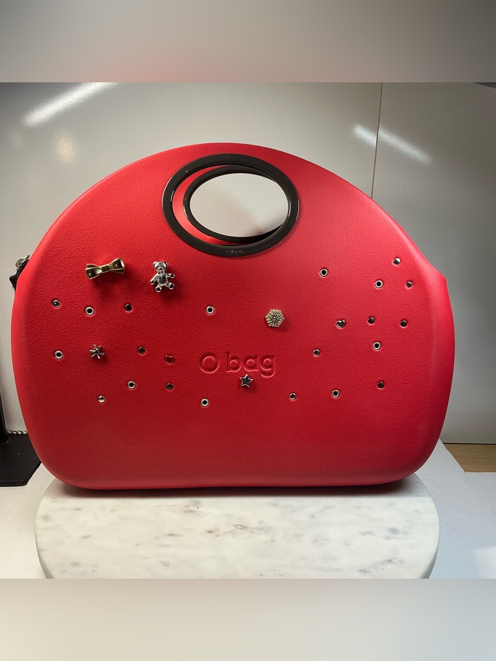O BAG Italy Moon Bag Red Semi Circle Plastic Foam Tote